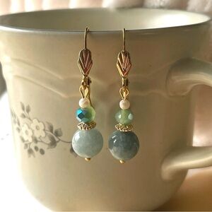 Gold-tone Burmese Jade and Pearl Drop Hoops Earrings